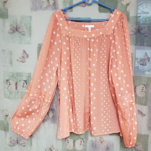 Orange with polka dot flare long sleeve blouse